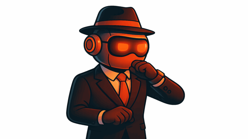 A robot dressed as a secret agent.
