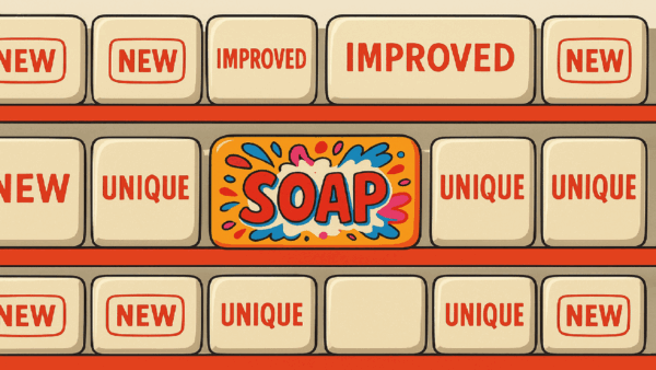 big-generic-boxes-on-shelves-labled-new-improved-and-a-colorful-one-says-SOAP-different-standing-out