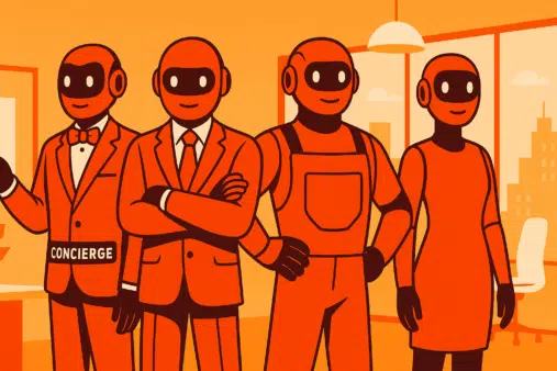 four-AI-agents-one-labeled-concierge-stand-in-an-office