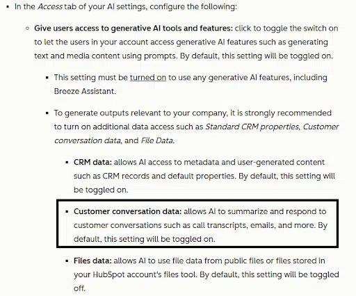 AI settings instruction from HubSpot.