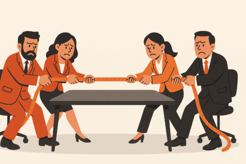 people-playing-tug-of-war-over-a-conference-table-conflict-alignment-misalignment
