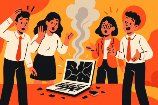 people-stand-around-a-burning-broken-computer-failure