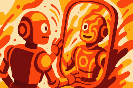 robot-looks-in-a-mirror-at-a-distorted-image
