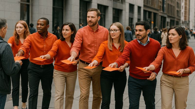 People passing out pamphlets on the street.