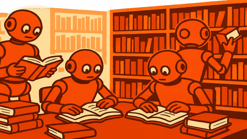 Robots doing research in a library.