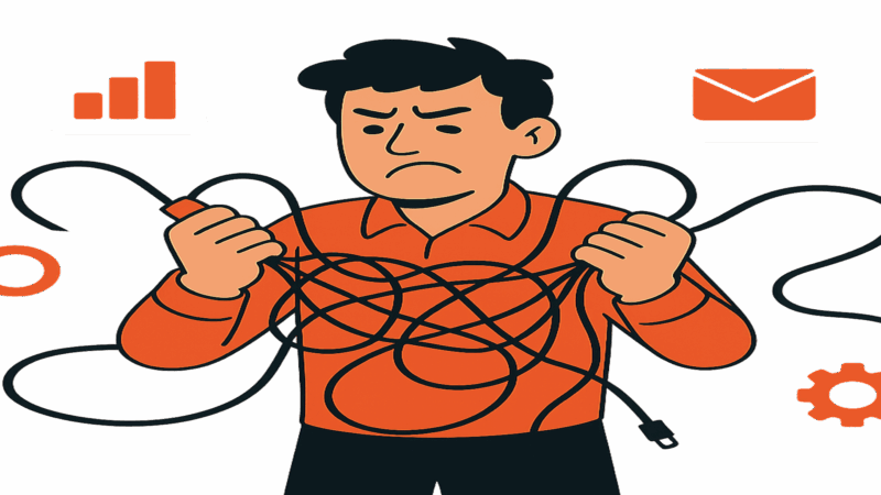 A marketer unraveling tangled cords.