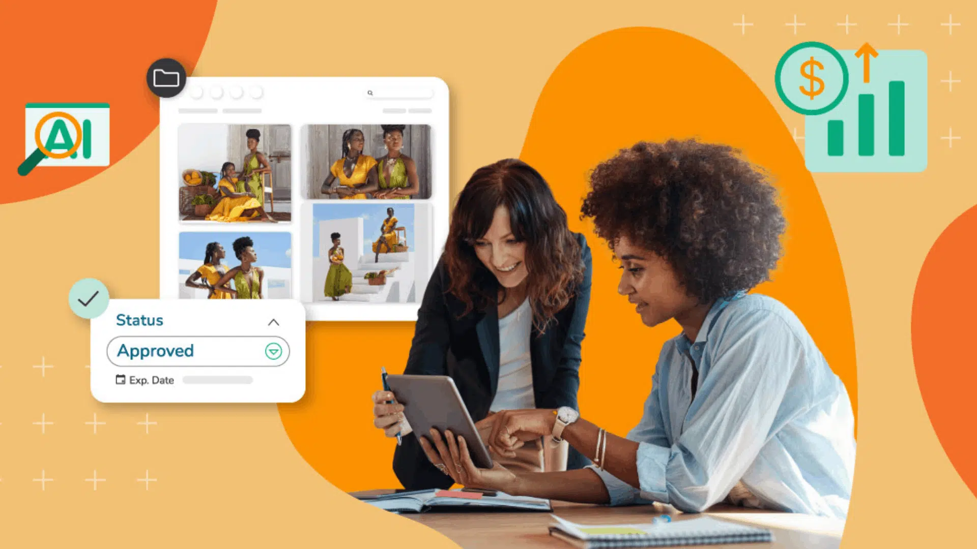 Two colleagues reviewing content on a tablet with graphics showing a digital asset library, approval status, and marketing analytics icons.