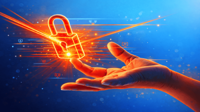 A hand touches an illuminated padlock floating infront of a high tech background.