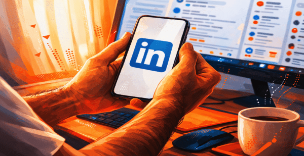 man-looking-at-linkedin-logo-on-his-phone-while-sitting-at-a-desk-in-front-of-a-computer-monitor