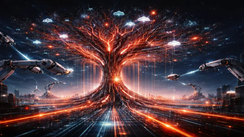 A giant tree of the future made of glowing circuit board branches and fiber-optic roots growing from the digital landscape. Hundreds of thin branches with tiny clouds and app icons are being swung by robotic arms and tiny AI drones, leaving a few shiny branches connected to the giant hubs of the field. Streams of data flow in branches like light in circuits. Cinematic lighting, highly detailed, realistic digital imagery, no text.