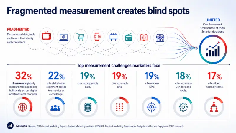 Fragmented measurement creates blind spots. Illustration of measurement challenges faced by marketers. 