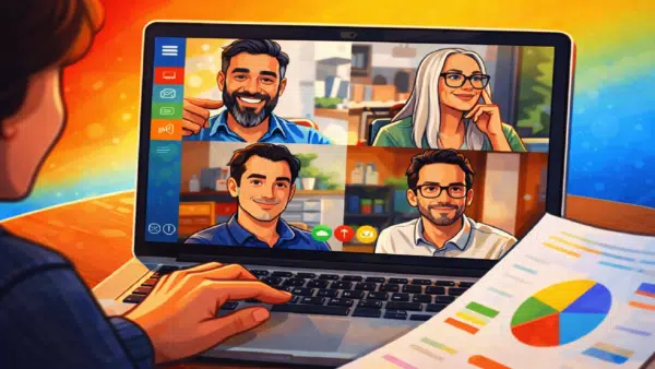 video-conference-call-with-4-people-on-a-monitor-that-1-person-is-looking-at-meeting