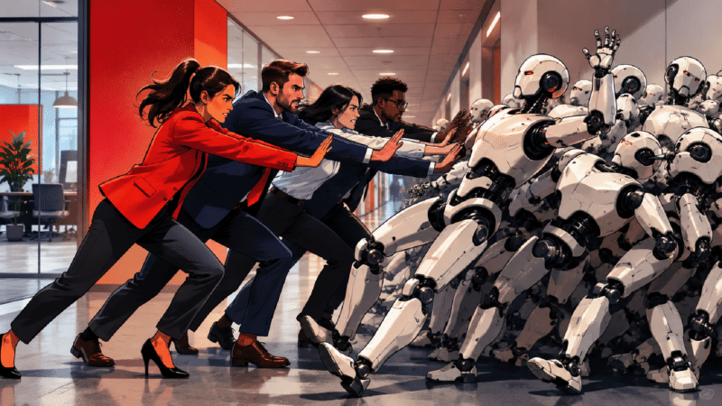 marketers in business attire physically pushing a crowd of sleek humanoid robots out of the way in an office corridor.