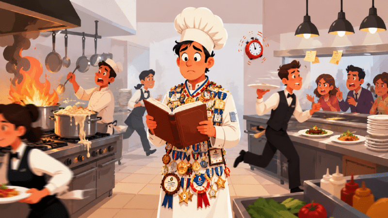 chef standing frozen in the middle of a chaotic restaurant kitchen while reading a large culinary textbook. The chef wears an exaggerated number of certification badges, medals, ribbons, and diplomas pinned to a pristine white uniform. Around them, waitstaff rush past carrying orders, timers ring, pots boil over, flames flare from a stove, and customers wait impatiently. The chef looks overwhelmed and uncertain despite their impressive credentials.