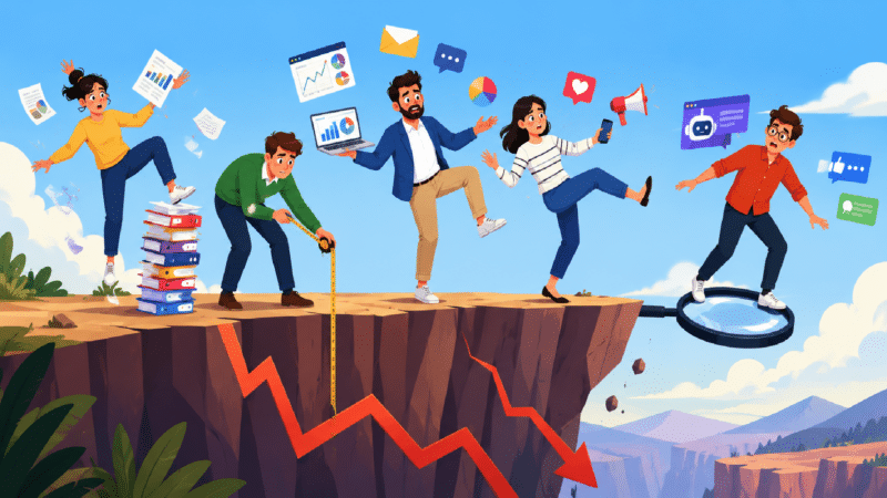 a group of marketers in business casual clothing trying to keep their balance on the narrow edge of a dramatic cliff. Some juggle laptops, analytics dashboards, email reports, social media icons, and AI chatbot windows while wobbling precariously. One marketer uses a measuring tape to gauge the distance to the edge, another desperately stacks marketing reports under a shaking foot, and another balances on a giant magnifying glass. The cliff face subtly resembles a jagged chart dropping downward.