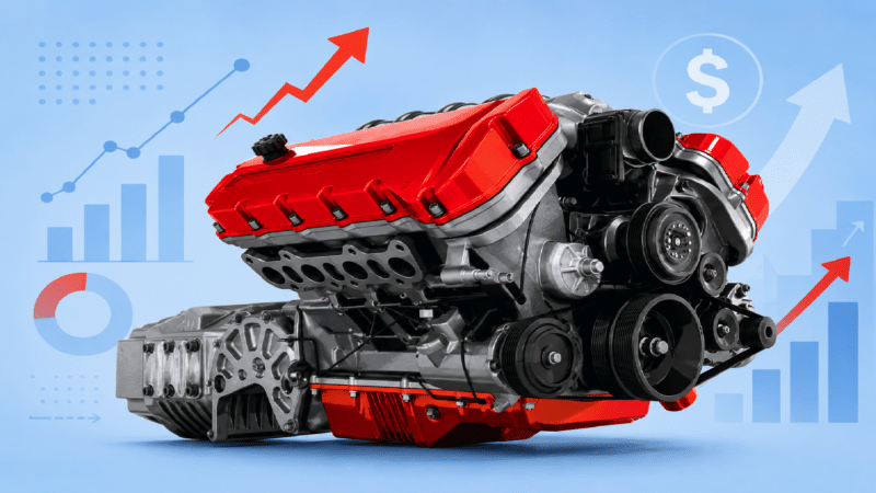 A powerful red-and-charcoal engine rendered in the MarTech palette sits against a pale blue background decorated with subtle growth charts, upward arrows, and revenue symbols, visually representing a high-performance growth engine driving business results.
