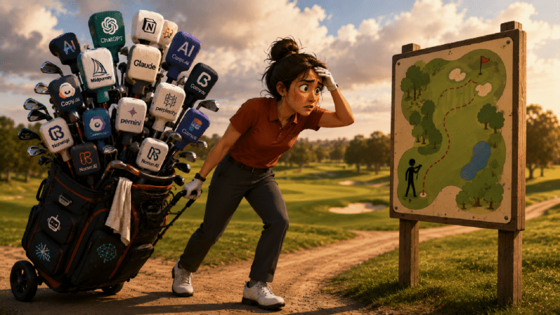 A marketer drags an enormous golf bag packed with dozens of AI tools, each sticking out in every direction, while staring helplessly at a simple map labeled only by visual cues.