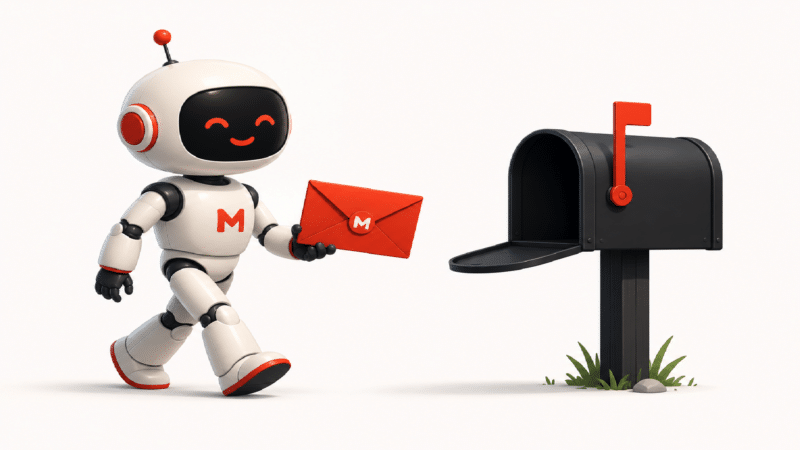 A friendly humanoid robot carrying a sealed envelope walks toward a classic roadside mailbox,