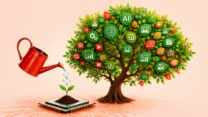 A small watering can pours a few drops onto a young plant growing from a computer chip. The plant rapidly branches into a lush tree whose leaves subtly resemble AI icons, workflows, and creative outputs.