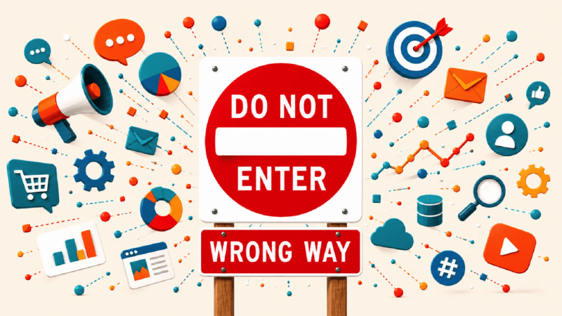 do not enter / wrong way road sign with tech icons in the background.