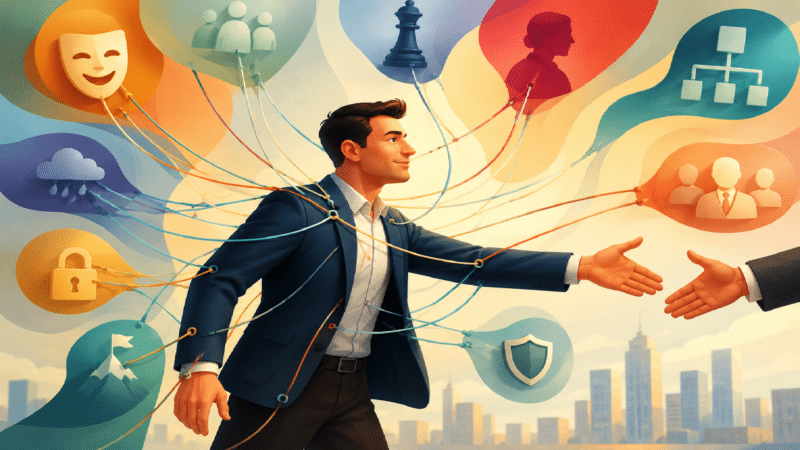 a B2B buyer in modern business attire reaching toward a handshake, while dozens of translucent strings subtly guide their arms, shoulders, and posture.