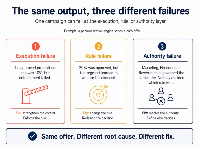 The same output, three different failures